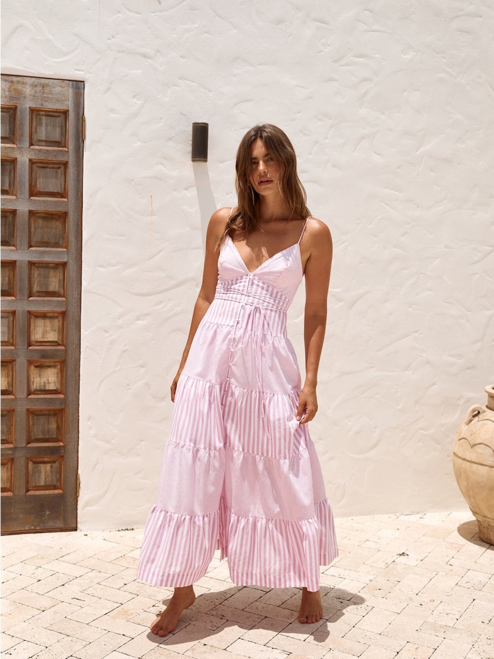 Fortunate One Picnic Season Maxi Dress Pink Pinstripes Size XS